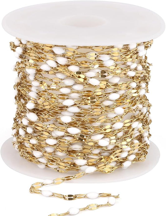 16.5FT Gold White Enamel Dapped Chain Roll, 2MM 18K Gold PVD Plated Stainless Steel Enalem Lip Link Chains Spool Bulk for DIY Jewelry Making