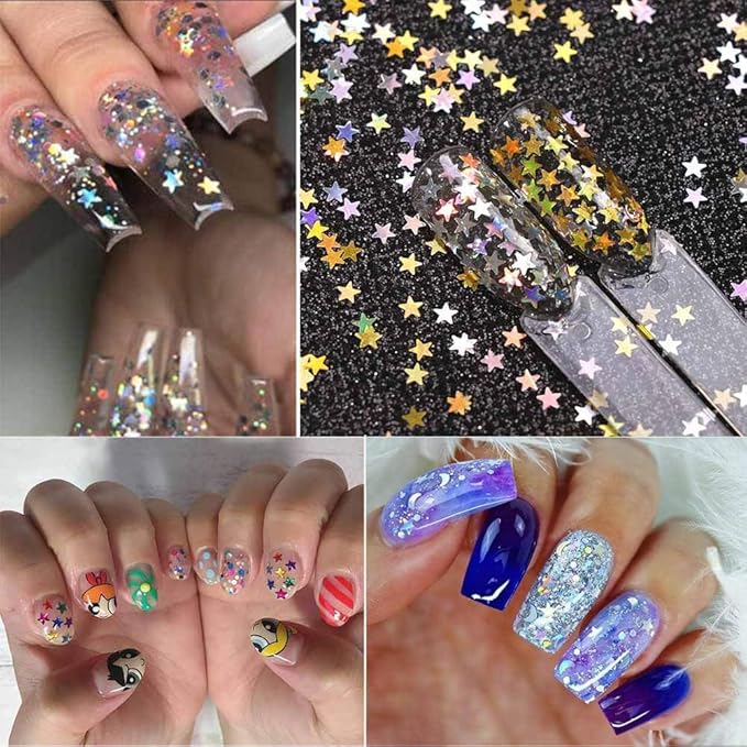 EBANKU Star Glitter Confetti, 24 Boxes Holographic Sequins 3D Laser Nail Art Flakes Colorful Nail Glitter Manicure Decals Nail Decoration