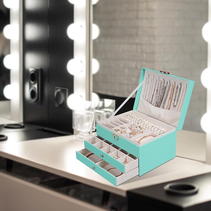 GUOER Jewelry Box for Women Girl Wife 3 Layers Large PU Leather Jewelry Organizer Storage Case with Two drawers Display for Earrings Bracelets Rings Watches (Teal)
