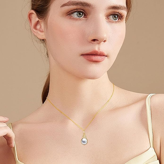 14K Gold Pearl Necklace for Women,9mm Freshwater Cultured White Pearl Pendant Necklaces Jewlery Gifts for Her Wife Mom Present for Anniversary Birthday Mothers Day 16+1+1