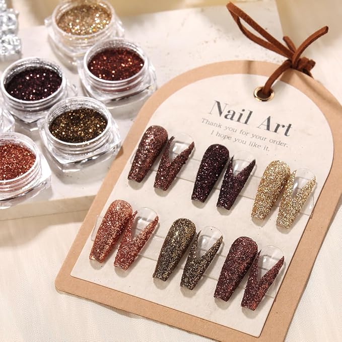 6 Colors Holographic Nail Art Glitter, Ultra Fine Metallic Shining Glitter Dust, Retro Champagne Golden Reflective Sugar Dipping Pigment for DIY Gel Polish Nail Art Decoration, Resin Craft