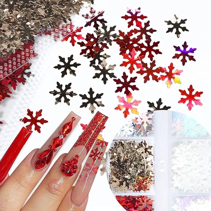 6 Colors Snowflake Glitter Nail Sequins - Snowflakes 3D Nail Art Luxury Flakes Holographic Laser Snow Flakes Christmas Nail Glitters Xmas Winter Nail Stickers for Acrylic Nails Art Decorations Crafts