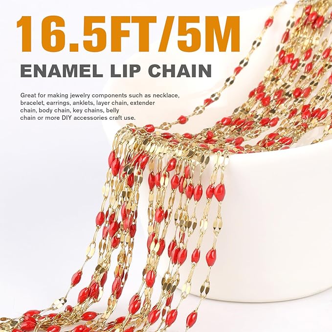 16.5FT Gold Red Enamel Dapped Chain Roll, 2MM 18K Gold PVD Plated Stainless Steel Enalem Lip Link Chains Spool Bulk for DIY Jewelry Making