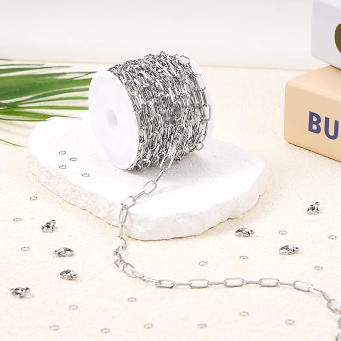 GTVOODX 16.4 Feet Paperclip Non Tarnish Chain Spool for Jewelry Making Stainless Steel 5x10mm Soldered Oval Link Chain Bulk for Necklace Bracelet DIY Jewelry Making Supplies