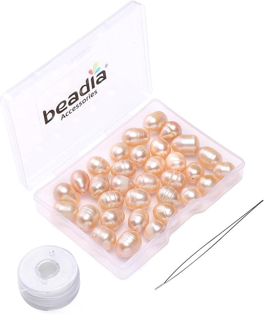 Natural Pearl Beads Rice 9-10mm Pink Freshwater Cultured Loose Gemstone Beads for DIY Jewelry Making 13.8''/Strand HQ