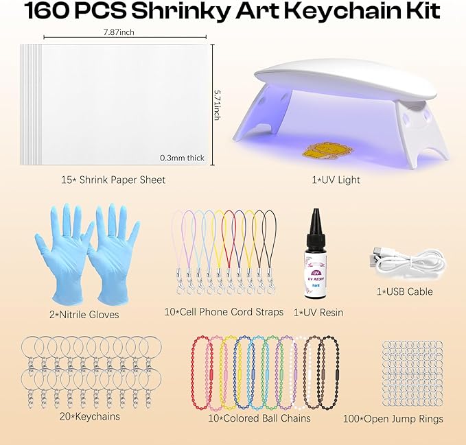 Csyidio 160PCS Shrink Plastic Sheet Kit with 15PCS Shrink Papers, UV Resin, UV Lamp and Keychains Accessories for Kids Craft Ornaments, DIY Key Chains & Christmas Decor