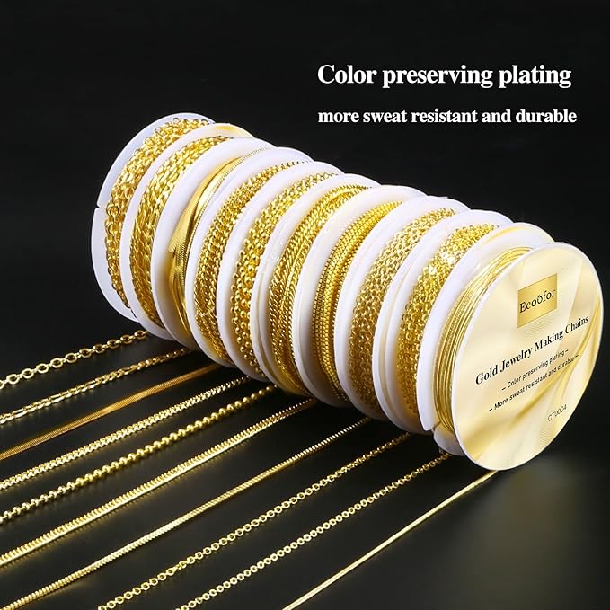 Ecoofor Gold Necklace Chains for Jewelry Making, 75.5 Feet 10 Rolls Jewelry Chains for DIY Necklace Bracelet Jewelry Making with Jump Rings/Lobster Clasps/Connectors