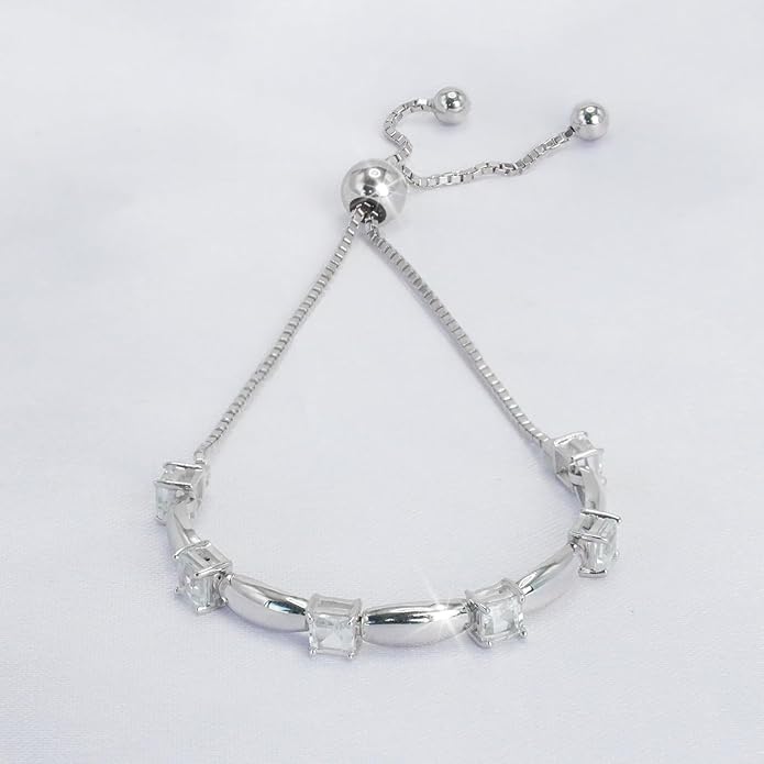 Fine Bracelet Tennis Style Pull String Birthstone Jewelry Gift for Women 925 Sterling Silver Square Sparkling Bolo Gemstone Jewelry Adjustable Bracelets