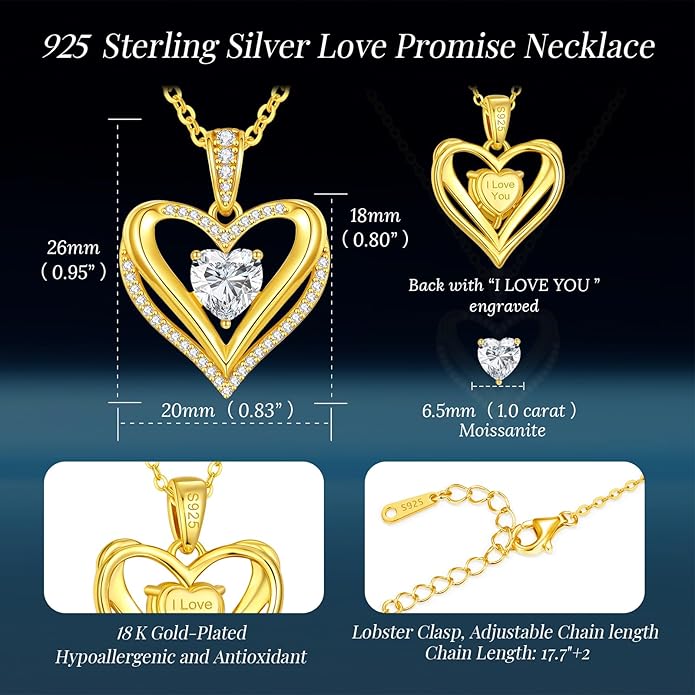 Moissanite Infinity Love Heart Pendant Necklaces for Women, 1-3 Carat 925 Sterling Silver 18K Gold Plated Engraved with"I LOVE YOU', Anniversary Birthday Present Jewelry Christmas Valentines Day Gift for Women Wife Girlfriend Her