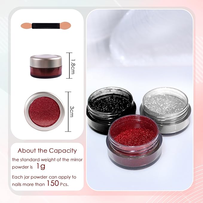 Laza 3 Colors Halloween Chrome Nail Powder Mirror Effect Metallic Dust Holographic Glitter Glazed Manicure Decoration Reflective Pigment for DIY Gel Polish Nail Art Resin Craft Gift - Red Black Silver