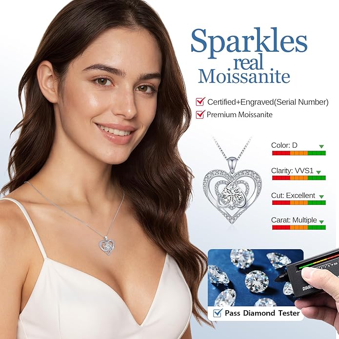 1-3 Carat Moissanite Necklace for Women, 925 Sterling Silver Heart Pendant Necklace Moissanite Diamond Necklace, Birthday Gift Anniversary Present for Wife, Girlfriend, Daughter, Mom
