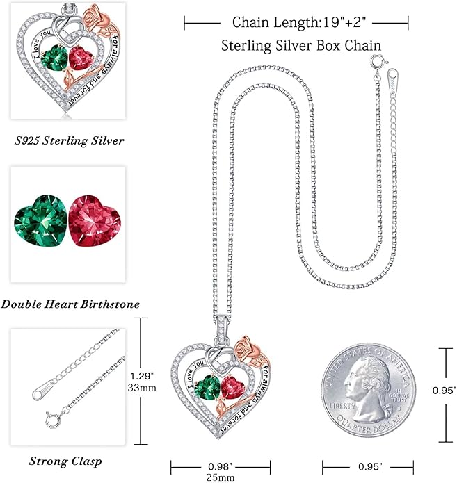 Iefil Valentines Day Gifts for Her Wife - 925 Sterling Silver Double Birthstone Necklace, Anniversary Birthday Gifts for Women, Jewelry Gift for Wife Girlfriend Mom Her