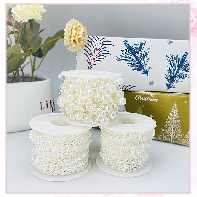 3 Rolls Pearls String Beads Decoration Pearl Garland for Christmas Tree Faux Pearl Garland Roll Strand for Crafting String of Flowers Wedding,66 Feet (Ivory)