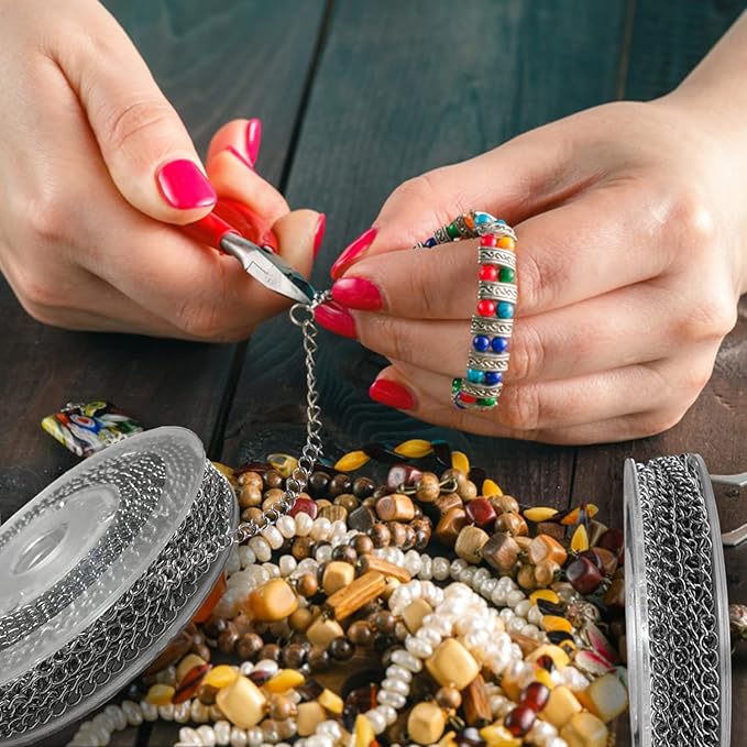 Jishi 33ft Necklace Extender Chain 3mm Silver Stainless Steel Curb Link Chain for Jewelry Making, Bracelet Necklace Extender DIY, Keychain Craft Supplies, Metal Chain Roll w/Lobster Clasps, Jump Rings