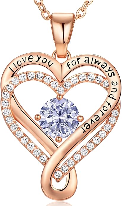 Infinity Love Heart Birthstone Necklace for Women Wife, S925 Sterling Silver Anniversary for Women Wife Birthday Gift for Her Girlfriend Mom Daughters, I Love You Women's Jewelry 18k Rose Gold Filled
