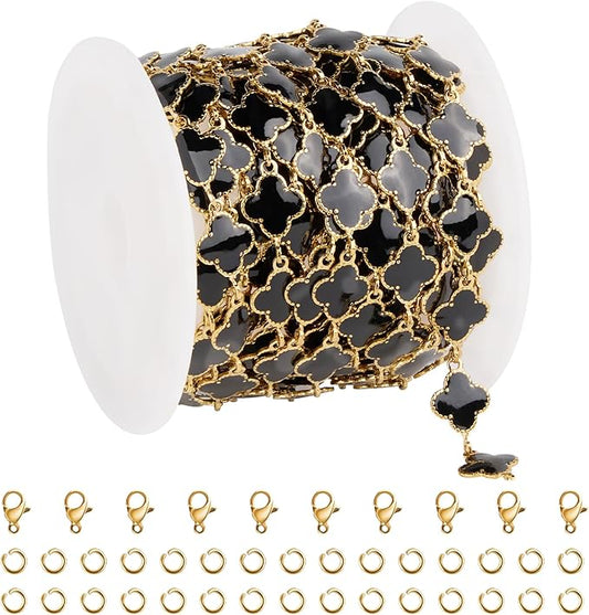 GTVOODX 18k Gold Black Enamel Clover Stainless Steel Chains for Jewelry Making, 3 Meters 8mm Link Chain Bulk Bracelet Necklace Jewelry Making DIY Supplies