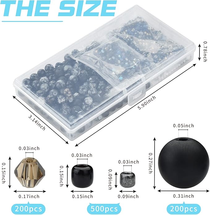 Glass Beads for Jewelry Making Adults, Black Bracelet Beads Set, 900pcs Including 8mm Assorted Round Beads, 4mm Bicone Crystal Beads, 2-4mm Spacer Seed Beads for Phone Charm, Earring, Necklace