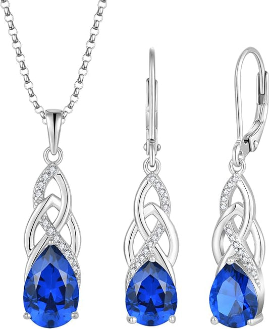 JO WISDOM Celtic Knot Infinity Jewelry Set for Women 925 Sterling Silver Sapphire Dangle Drop Leverback Earrings September Birthstone Necklace Pendant Gemstone Jewelry