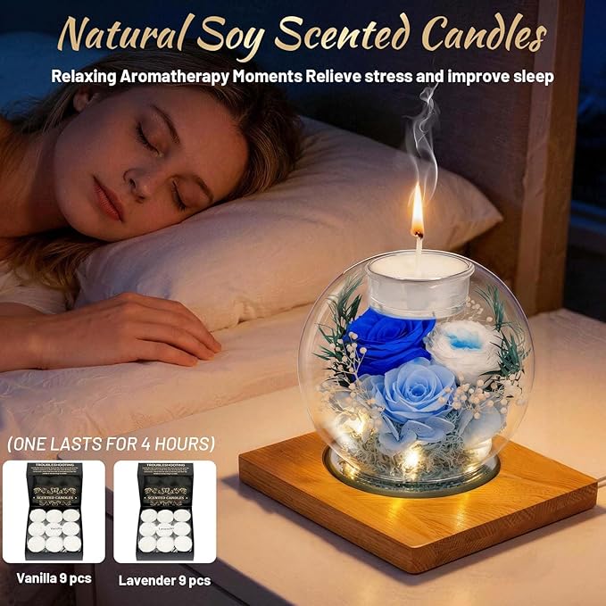 Preserved Blue Real Rose in Glass with Scented Candles–Eternal Flower Romantic Anniversary Mothers Day Christmas Birthday Valentines Day Gifts for Her, Women, Wife, Girlfriend, Mom, Grandma