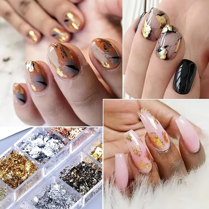 Holographic Glitter Nail Art Gold Foils,12 Colors Sparkly Champagne color and silver line Ultra-Thin Aluminum Flakes Design, Irregular Nail Sequins Acrylic Manicure Accessories DIY Charms 3D Nail Tips