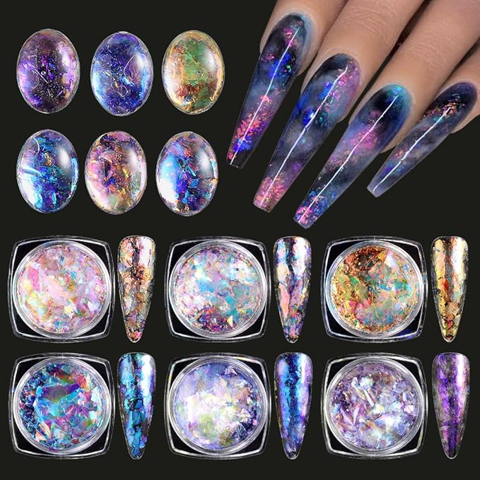 Holographic Opal Nail Art Glitter Flakes, 6 Colors Aurora Iridescent Pigment Powder Irregular Ice Crystal Mermaid Paillettes Sparkly Chunky Glitter Sequins for DIY Manicure Nail Decorations
