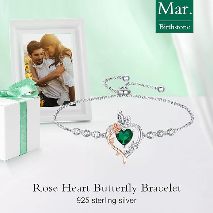 TOUPOP Rose Heart Birthstone Bracelet 925 Sterling Silver Butterfly Heart Bracelet Love Jewelry for Women Anniversary Valentines Day Birthday Gifts for Her Wife Mom