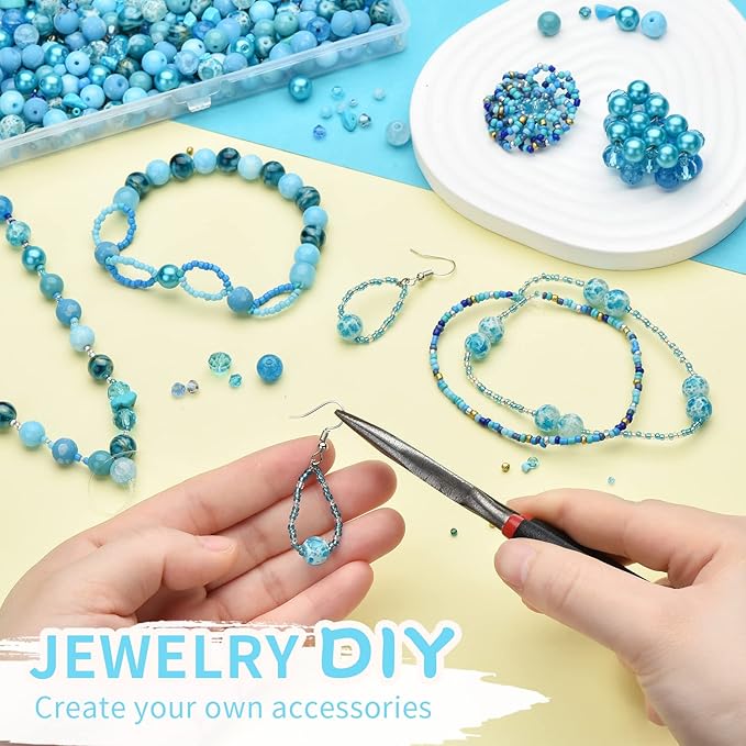 Rired 27 Assorted Craft Beads Bracelet Kit, Columbia Blue Bead Including 7 Types of Round/Glass Pony/Bicone Crystal Beads/Rondelle/Gravel and Seed Beads for Jewelry Making
