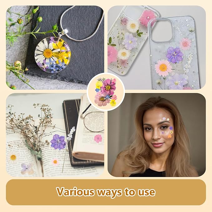 Dried Pressed Flowers Real Pressed Flowers Natural Dry Leaves Bulk Mixed Colorful Herbs Kit with Tweezers for Scrapbooking DIY Candle Jewelry Crafts Making Nails