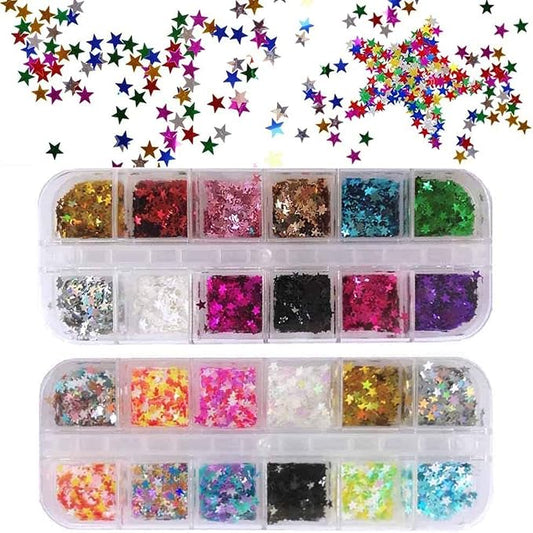 EBANKU Star Glitter Confetti, 24 Boxes Holographic Sequins 3D Laser Nail Art Flakes Colorful Nail Glitter Manicure Decals Nail Decoration