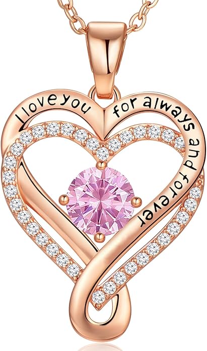 Infinity Love Heart Birthstone Necklace for Women Wife, S925 Sterling Silver Anniversary for Women Wife Birthday Gift for Her Girlfriend Mom Daughters, I Love You Women's Jewelry 18k Rose Gold Filled