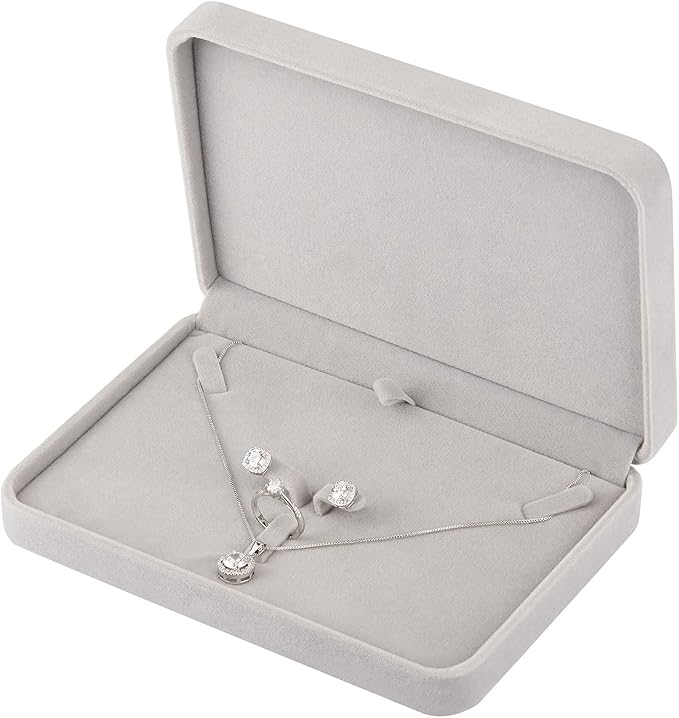 LETURE Large Velvet Jewelry Set Box, Big Necklace and Ring Earring Pendant Gift Box, Pearl Necklace/Chunky Necklace Jewelry Storage Case (Grey)