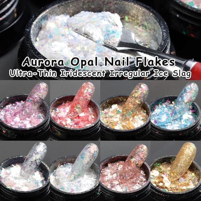 Holographic Mermaid Nail Art Glitter Iridescent Flakes, 8 Colors Aurora Irregular Ice Slag Opal Nail Foil Flakes Ultra-Thin Paillettes Glitter Sequins for Gel Polish Nail Art Decoration, Resin Craft