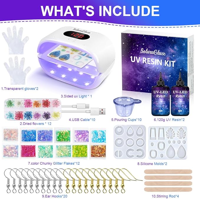 SolaraGlaze UV Resin Kit with Light 240g Hard Type Clear UV Resin Jewelry Making Kit Two-Sided Light and Molds DIY Jewelry Making Supplies for Keychain and Earring