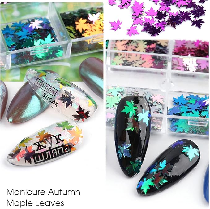 Maple Leaf Glitter Nail Art Sequins, 3D Fall Leaves Glitters Flakes Decor, Autumn Maple Leaves Shape Nail Art Design Supplies for Women Girls Manicure Charms Decorations Holiday Resin Nail Art Tips