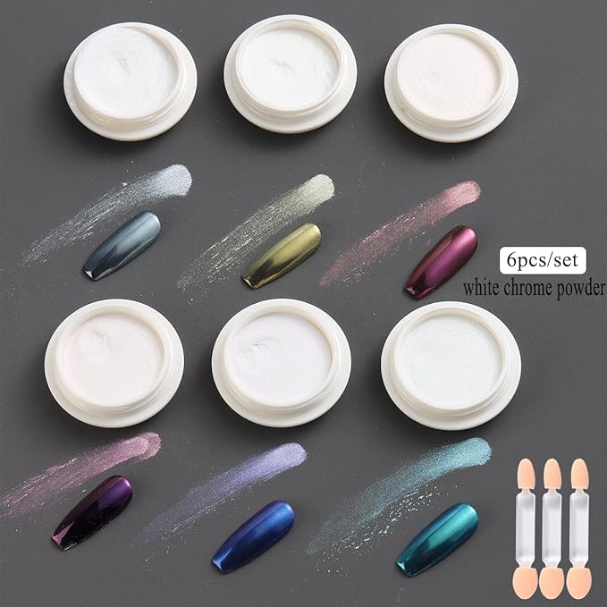 Fcozpjk White Chrome Nail Powder - 6 Colors Pearl Chrome for Nails, Mirror Effect Metallic Rubbing Pigment Dust, Glazed Donut Nail Art Pearlescent Glitter Manicure Decor