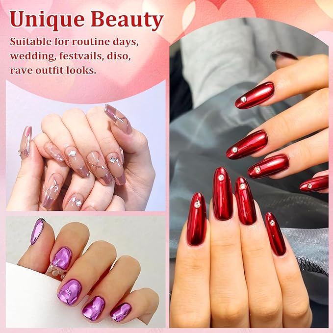 Allstarry Pink Chrome Nail Powder, Metallic 4 Colors Valentines Nails Powder Mirror Effect Manicure Pigment Pink Red Chrome Powder Glitter Dust Gifts for Women Valentines Nail Art