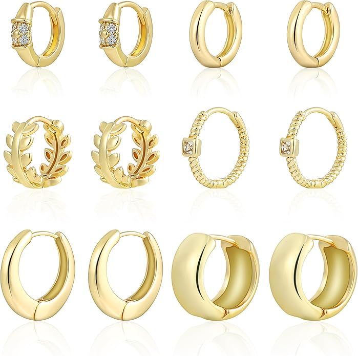 6 Pairs Small Gold Huggie Hoop Earrings for Women, 14K Gold Plated Cartilage Piercings Hoop Earrings Hypoallergenic, Trendy Lightweight Chunky Hoops Set for Women Gifts.