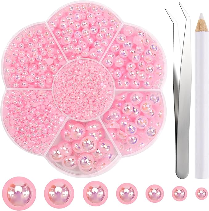 NACHLYNN 6480 Pcs Flat Back Pearl 7 Sizes AB Light Pink Half Round Beads for Crafts Embellishment - Peach Flatback Pearls for Shoes, Clothes, Bags DIY Making