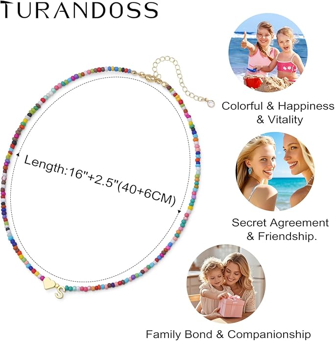 Turandoss Valentines Day Gifts for Kids Teen Girls - Colorful Beaded Initial Necklace, Dainty 14K Gold Plated Heart Letter A-Z Pendant Summer Jewelry Birthday Valentines Day Gifts for Her