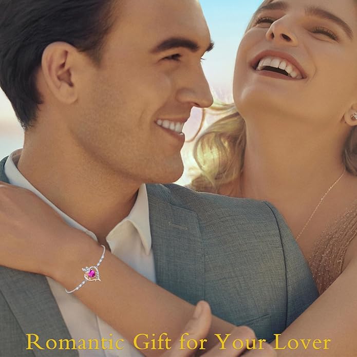 TOUPOP Rose Heart Birthstone Bracelet 925 Sterling Silver Butterfly Heart Bracelet Love Jewelry for Women Anniversary Valentines Day Birthday Gifts for Her Wife Mom