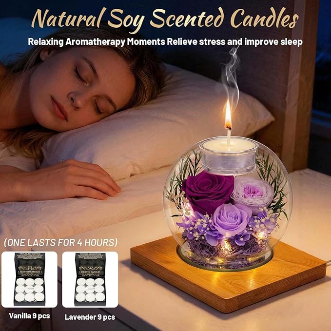 Preserved Purple Real Rose in Glass with Scented Candles–Eternal Flower Romantic Anniversary Mothers Day Christmas Birthday Valentines Day Gifts for Her, Women, Wife, Girlfriend, Mom, Grandma