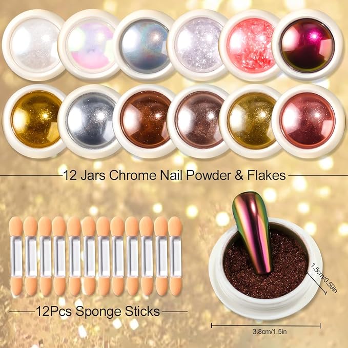 12 Jars Chrome Nail Powder Kit, White Pearl Chrome Nail Powder Metallic Mirror Effect Pigment Holographic Dip Powders & Opal Nails Chunky Glitter Flakes for Home DIY Salon Use