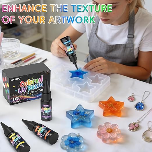 Akisey UV Resin Kit - 10 Colors Colored UV Resin | Hard Glitter Type | Odorless | Low Shrinkage, Vivid Clear Color Resina UV for Jewelry Making, Casting and Coating, Crafts and Decoration