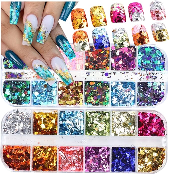 UARUOGP 2 Boxes 24 Colors Chameleon Holographic Glitter Mermaid Nail Art Sequins 3D Flakes Laser Gradient Nail Glitter Design Shiny Glitters Powder Accessories for Women Manicure DIY Decorations