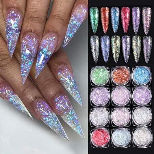 Holographic Nail Art Glitter Iridescent Flakes, 12 Colors Aurora Irregular Opal Nail Foil Flakes Ultra-Thin Nail Glitters Sequins Manicure Decorations for DIY Gel Polish Nail Art, Resin Craft, Gifts