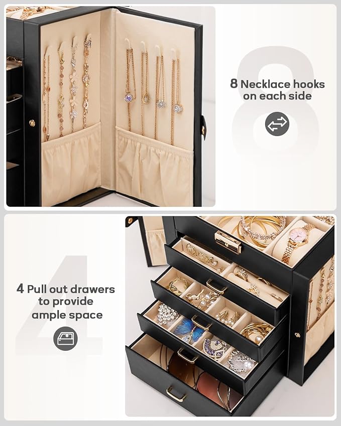 Homde Valentine's Day Gifts Synthetic Leather Huge Jewelry Box Mirrored Watch Organizer Necklace Ring Earring Storage Lockable Gift Case (Black + Gold)