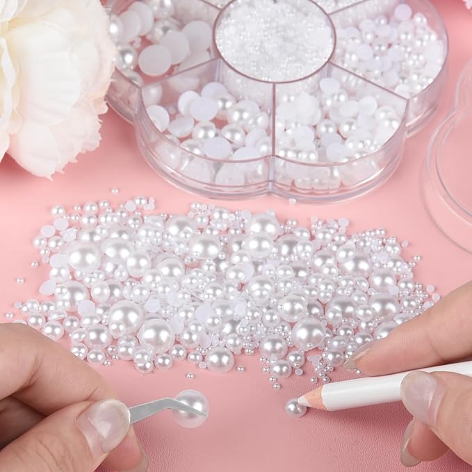 NACHLYNN 6480 Pcs Flat Back Pearls 7 Sizes Half Pearl Bead White Flat Pearls for Nails Graduation Cap Decorations Crafts Embellishment Shoes Clothes Bags DIY Making