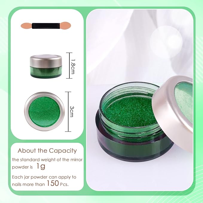 Laza Chrome Nail Powder Mirror Effect Metallic Dust Holographic Glitter Glazed Manicure Decoration Reflective Pigment for DIY Gel Polish Nail Art, Resin Craft, Gifts - Green