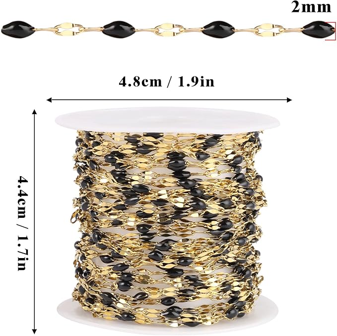 16.5FT Gold Black Enamel Dapped Chain Roll, 2MM 18K Gold PVD Plated Stainless Steel Enalem Lip Link Chains Spool Bulk for DIY Jewelry Making
