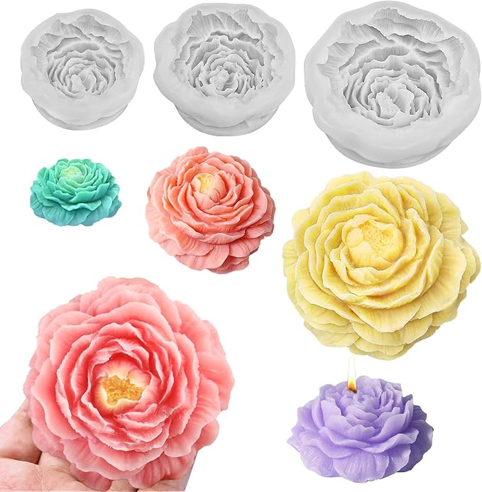 ZQYSING 3 Pcs Peony Candle Mold for Candle Making, Set of Large + Medium +Small 3D Peony Flower Silicone Molds for Epoxy Resin Casting Wax Soap Clay Plaster Home Décor Handmade Gift